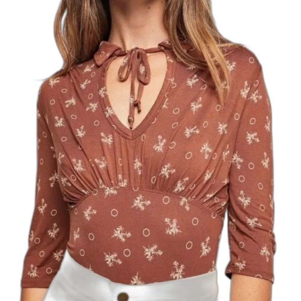 Free People NWT Soraya Rust Brown Open Back‎ Tie Front 3/4 Sleeve Blouse Size M